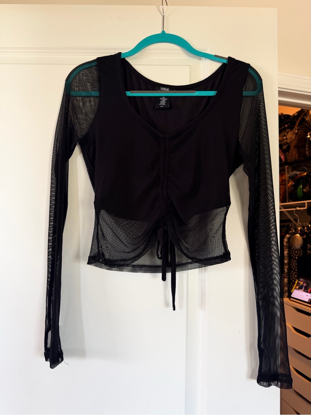 WOMENS Sheer Mesh Long-Sleeve Ruched Crop Top - Black